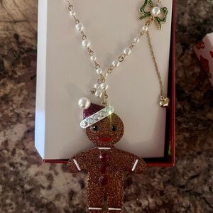 Gingerbread Man Necklace with Pearls Betsey Johnson NWT bonus matching earrings
